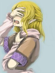  arm_warmers blonde_hair commentary_request covering_own_eyes crying fangs female ginji_(sakaki_summer) mizuhashi_parsee pointy_ears sad scarf short_hair solo tears touhou upper_body 