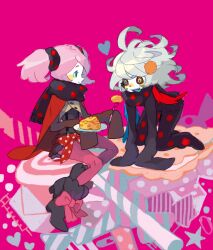  2girls aqua_eyes bad_id bad_pixiv_id boots bow candy cape charlotte_(madoka_magica) cheese food fork grey_hair heart kneeling magical_girl mahou_shoujo_madoka_magica mahou_shoujo_madoka_magica_(anime) maio_(space_jct) multiple_girls pantyhose personification pink_hair pink_legwear polka_dot polka_dot_scarf scarf sharp_teeth short_twintails sitting sleeves_past_wrists smile suspenders teeth tongue twintails 