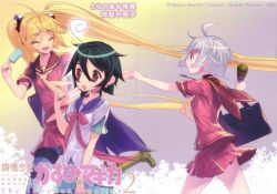  3girls ahoge anri_airi asuka_yuuri asunaro_school_uniform black_hair blonde_hair boots choker closed_eyes cube_hair_ornament eating food hair_ornament highres holding_hands ice_cream kazumi_(madoka_magica) long_hair mahou_shoujo_kazumi_magica mahou_shoujo_madoka_magica multiple_girls official_art pleated_skirt popsicle red_eyes school_uniform short_hair skirt tensugi_takashi twintails very_long_hair white_hair 