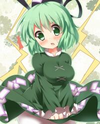  bad_id bad_pixiv_id blush breasts dress female green_dress green_eyes green_hair hat medium_breasts short_hair soga_no_tojiko solo supershiruco sweatdrop tate_eboshi touhou v_arms 