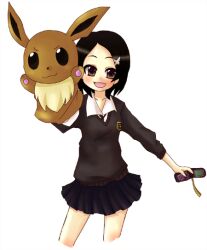  :3 arm_up arms_up bad_id bad_pixiv_id black_hair blush brown_eyes cellphone cellphone_strap dress_shirt eevee female hair_ornament hairpin hand_puppet holding necktie ngayope parted_bangs phone pleated_skirt pokemon pokemon_(creature) puppet school_uniform shirt short_hair skirt sleeves_pushed_up smile solo sweater uniform 