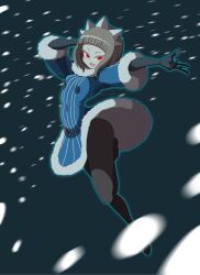  commentary_request crown dress female grey_hair jewelry ken_(koala) looking_at_viewer open_mouth original pantyhose photoshop_(medium) queen_of_icicle red_eyes short_dress short_hair skin_tight smile snow snowing solo 