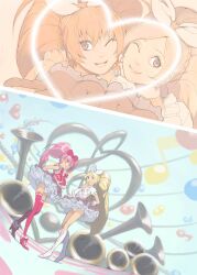  2girls akinbo_(hyouka_fuyou) blonde_hair boots bow cure_melody cure_rhythm doujinshi eighth_note eyelashes g-clef_(suite_precure) highres houjou_hibiki knee_boots minamino_kanade multiple_girls musical_note panties pantyshot photoshop_(medium) pink_bow pink_wrist_cuffs precure suite_precure thighhighs underwear white_panties wrist_cuffs 