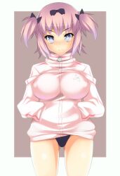  +_+ blue_eyes breasts buruma commentary_request covered_nipples female hair_ribbon hands_in_pockets hevn hibari_(senran_kagura) impossible_clothes impossible_shirt jacket large_breasts photoshop_(medium) pink_hair ribbon senran_kagura senran_kagura_shoujo-tachi_no_shin&#039;ei shirt short_twintails smile solo symbol-shaped_pupils track_jacket twintails 