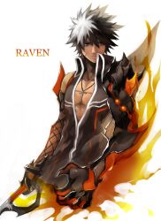  1boy bad_id bad_pixiv_id black_hair claws elsword gloves jewelry male_focus mechanical_arms multicolored_hair necklace raven_cronwell reckless_fist_(elsword) scar shirt simple_background single_mechanical_arm sleeveless sleeveless_shirt solo sopracciglio spiked_hair streaked_hair sword two-tone_hair weapon white_background white_hair 