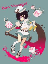  ahoge anchor ascot beak belt bird black_hair blue_eyes commentary_request female floating hat highres holding jellyfish kneehighs murasa_minamitsu ngayope no_nose open_mouth penguin pigeon-toed sailor shoes short_hair short_sleeves shorts sneakers socks solo touhou white_shorts white_socks wings 