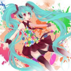  aqua_hair commentary_request female goldfishu hatsune_miku headset long_hair necktie open_mouth outstretched_arms paint_splatter red_eyes skirt solo spread_arms tell_your_world_(vocaloid) thighhighs twintails very_long_hair vocaloid 