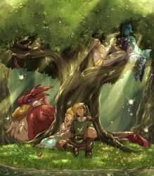  1boy against_tree bad_id bad_pixiv_id bird blonde_hair blue_hair cape couple dappled_sunlight dress fairy female fi_(zelda) ghirahim hat highres in_tree kikwi light_rays link loftwing long_hair machi_(zelda) mackerel_(sabanoneko) nature outdoors pantyhose pointy_ears princess_zelda sitting sitting_in_tree sleeping straight sunbeam sunlight the_imprisoned the_legend_of_zelda the_legend_of_zelda:_skyward_sword tree under_tree 