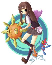  bad_id bad_pixiv_id black_legwear black_sclera blue_eyes blunt_bangs brown_hair colored_sclera ditto female grey_eyes holding leg_up loafers ngayope open_mouth pleated_skirt poke_ball poke_ball_theme pokemon pokemon_(creature) pokemon_dppt pokemon_rgby pokemon_rse porygon-z red_eyes rotom rotom_(normal) shoes skirt socks solrock ultra_ball vest waist_poke_ball waistpack waving yellow_eyes 