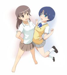  2girls ano_natsu_de_matteru arm_around_waist barefoot commentary_request hand_on_own_hip ishihara_kaori kamogawa_girls&#039;_high_school_uniform kyouno_madoka multiple_girls rinne_no_lagrange school_uniform season_connection skirt tanigawa_kanna tomboo voice_actor_connection 