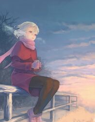  black_pantyhose blonde_hair blush breath brown_eyes can coat fashion female fence gloves lowres original pantyhose pink_scarf scarf short_hair sitting sky solo weno weno&#039;s_blonde_original_character wind 