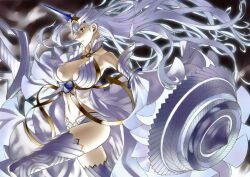  armor bare_shoulders breasts female floating_hair highres honjou_raita horns lance large_breasts navel official_art polearm red_eyes riela_marcellis senjou_no_valkyria_(series) senjou_no_valkyria_3 shield single_horn solo thighhighs weapon white_hair white_theme 