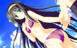  ass beach bikini black_hair blue_eyes braid breasts cloud covered_nipples day dutch_angle female game_cg hair_ribbon hand_grab hands highres holding_hands irotoridori_no_sekai kisaragi_mio_(irotoridori_no_sekai) long_hair ocean out_of_frame outdoors purple_bikini ribbon shida_kazuhiro side-tie_bikini_bottom sky small_breasts smile solo_focus swimsuit twisted_torso very_long_hair 