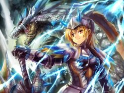  armor battle blonde_hair commentary_request edobox female gauntlets helmet horns ivory_lagiacrus lagiacrus_(armor) lightning monster monster_hunter_(character) monster_hunter_(series) open_mouth red_eyes smile weapon 