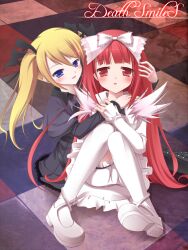  2girls blonde_hair blue_eyes blush casper_(deathsmiles) checkered commentary_request copyright_name deathsmiles hug long_hair masaki_(machisora) multiple_girls red_eyes red_hair ribbon sitting smile thighhighs twintails very_long_hair windia_(deathsmiles) 