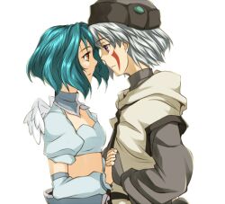  .hack// .hack//sign 1boy commentary_request eye_contact facial_mark female green_hair holding_hands looking_at_another purin0505 short_hair simple_background subaru_(.hack//) tattoo tsukasa_(.hack//) wings 