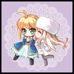  2girls ahoge artoria_pendragon_(fate) blonde_hair chibi chinese_commentary commentary_request doily dress eyelashes fate/zero fate_(series) fur_hat green_eyes hat heart irisviel_von_einzbern kissing long_hair multiple_girls pantyhose photoshop_(medium) saber_(fate) saya_kohiji_mame white_hair 