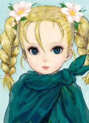  aged_down bianca_(dq5) blonde_hair blue_eyes braid cape dragon_quest dragon_quest_v female flower hair_flower hair_ornament lolicon ponsuke_(pon00000) revision solo twin_braids upper_body 