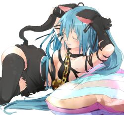  animal_ears aqua_hair arms_up bell cat&#039;s_dance_(vocaloid) cat_ears cat_tail chains closed_eyes collar dress female gloves hair_ribbon hatsune_miku jingle_bell kemonomimi_mode long_hair lying on_side ribbon ribon_non smile solo tail thighhighs torn_clothes torn_dress torn_gloves transparent_background twintails vocaloid zettai_ryouiki 