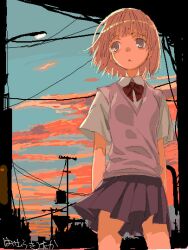  artist_name bad_id blonde_hair brown_eyes cloud copyright_request female haimura_kiyotaka lamppost looking_to_the_side oekaki outdoors pink_hair power_lines school_uniform short_hair short_sleeves signature skirt solo standing twilight 