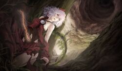  akai_kitsune bad_id bad_pixiv_id bare_legs bare_shoulders barefoot blood cave dress female hair_ornament highres jewelry kneeling midriff mirror necklace one_eye_closed overgrown pillar plant purple_eyes red_dress rope scratches shimenawa short_hair solo torn_clothes torn_dress touhou vines white_hair yasaka_kanako 