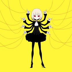  blonde_hair boots commentary_request extra_arms female high_heels ken_(koala) monster_girl original photoshop_(medium) pinky_out red_eyes short_hair simple_background smile solo string string_of_fate yellow_background 