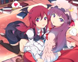  2girls bad_id bad_pixiv_id bat_wings black_legwear blush book boots bow crescent dress dress_shirt hat head_wings heart highres kneeling koakuma long_hair mizukami_ryouma multiple_girls necktie patchouli_knowledge purple_eyes purple_hair red_eyes red_hair ribbon shirt sitting skirt smile spoken_heart spoken_sweatdrop sweatdrop thighhighs touhou vest wings zettai_ryouiki 