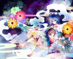  2girls bad_id bad_pixiv_id beret blue_dress blue_eyes blue_hair dress floral_background flower hair_ornament hair_rings hair_stick hand_on_another&#039;s_cheek hand_on_another&#039;s_face hat hat_ornament jewelry jiangshi kaku_seiga kazu_(muchuukai) miyako_yoshika multiple_girls necklace ofuda outstretched_arms pink_flower pink_rose purple_eyes purple_flower purple_hair rose shawl shirt short_hair skirt smile star_(symbol) star_hat_ornament touhou vest yellow_flower zombie_pose 