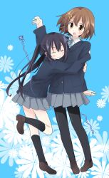  2girls black_hair brown_eyes brown_hair closed_eyes commentary_request hirasawa_yui hug k-on! long_hair multiple_girls nakano_azusa nekono_osero pantyhose photoshop_(medium) sakuragaoka_high_school_uniform school_uniform short_hair twintails 