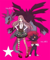  argyle_clothes argyle_legwear asymmetrical_legwear bad_id bad_pixiv_id black_sclera brown_hair checkered_clothes checkered_skirt colored_sclera crossed_arms dress_shirt fangs female green_eyes hands_on_own_hips highres hydreigon layered_skirt long_hair mary_janes mismatched_legwear multiple_heads ngayope no_nose one_eye_closed open_mouth pantyhose parted_bangs pigeon-toed pink_eyes plaid plaid_skirt pleated_skirt pokemon pokemon_(creature) polka_dot red_eyes shirt shoes skirt star_(symbol) strap striped_clothes striped_pantyhose tail weavile wings 