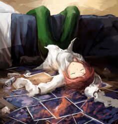  amputee armless_amputee bed blouse bottle breasts closed_eyes double_amputee faux_traditional_media female green_pants katawa_shoujo medium_breasts painting_(object) pants photoshop_(medium) red_hair school_uniform shirt short_hair sleeping sleeve_tied_shut solo tezuka_rin tied_sleeves upside-down white_shirt yamaku_high_school_uniform 