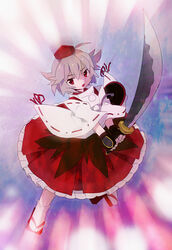  bad_id bad_pixiv_id black_gloves chaba_(hortensia) female fingerless_gloves geta gloves grey_hair hat inubashiri_momiji katana photoshop_(medium) red_eyes short_hair solo sword tokin_hat touhou weapon 