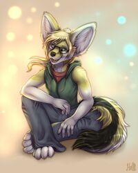  2017 4_toes 5_fingers anthro avoid_posting big_ears black_nose blonde_hair blue_eyes bottomwear canid canine clothed clothing denim denim_bottomwear denim_clothing feet fennec_fox fingers fox fully_clothed fur glass gloves_(marking) hair hand_on_leg hettie hi_res hoodie jeans looking_aside male mammal markings pants simple_background sitting smile solo toes topwear true_fox white_body white_fur yellow_body yellow_fur 