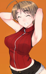  ahoge armpits arms_up black_shorts breasts brown_hair closed_eyes commentary_request em_(totsuzen_no_hakike) female grin konno_mitsune large_breasts love_hina midriff short_hair short_shorts shorts sleeveless sleeveless_turtleneck smile solo standing thick_eyebrows turtleneck 