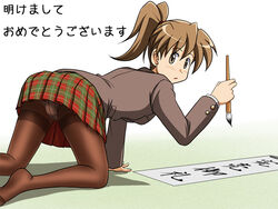  brown_eyes brown_hair brown_pantyhose commentary_request crotch_seam feet female lielos looking_back original panties panties_under_pantyhose pantyhose pantyshot poniko_(lielos) ponytail school_uniform simple_background solo thighband_pantyhose translated underwear upskirt 