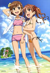  4girls :d absurdres arm_behind_head arm_hug bikini bikini_shorts bikini_under_clothes blue_hair blush bow brown_eyes brown_hair cloud day flat_chest flower gekota hair_flower hair_ornament hairbow highres imageboard_desourced index_(toaru_majutsu_no_index) legs long_hair megami_magazine micro_bikini misaka_mikoto multiple_girls navel non-web_source ocean official_art open_clothes open_mouth open_shirt outdoors pink_hair scan shirai_kuroko shirt short_hair shorts side-tie_bikini_bottom sky smile square-leg swimsuit tankini toaru_majutsu_no_index tsukuyomi_komoe twintails wading water yamada_kaori 