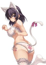  animal_ears ass back-print_panties bell black_hair blush bra breasts cat_cutout cat_ear_panties cat_ears cat_lingerie cat_tail choker cleavage_cutout clothing_cutout commentary_request fake_animal_ears female frilled_thighhighs frills hairband jingle_bell konohana_enishi large_breasts looking_at_viewer meme_attire no_shoes original panties paw_pose paw_print print_panties purple_eyes ribbon sengoku_aky short_hair side-tie_panties solo tail tail_ornament tail_ribbon thighhighs underwear underwear_only white_panties white_thighhighs 