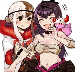  2girls amina_(terra_battle) bandages black_hair blush breasts brown_eyes brown_hair cape choker circlet cleavage closed_eyes collarbone commentary_request dressing familiar fur_trim grace_(terra_battle) hair_ornament hood laughing long_hair medium_breasts muh_(artfag) multicolored_hair multiple_girls navel open_mouth sarashi simple_background smile terra_battle two-tone_hair white_background white_hair 