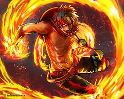  1boy abs fire freckles hat jewelry jippei jumping male male_focus necklace one_piece portgas_d_ace shorts stampede_string tongue topless 