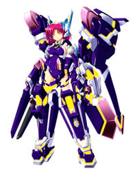  armor bodysuit chouzetsu_yarou commentary_request crueltear female full_body headgear machinery mecha_musume pink_eyes purple_hair simple_background standing trigger_heart_exelica white_background 