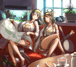  2girls ahoge bare_shoulders barefoot black_hair brown_hair commentary_request cup detached_sleeves doraxi double_bun fish_tank hair_bun hairband haruna_(kancolle) headgear japanese_clothes kantai_collection kongou_(kancolle) long_hair long_legs map multiple_girls nontraditional_miko photoshop_(medium) remodel_(kantai_collection) ribbon-trimmed_sleeves ribbon_trim teacup 