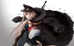  aiguillette arm_at_side artist_name bad_id bad_pixiv_id belt black_belt black_coat black_footwear black_hat blush bolt_action breasts buttons character_name clothing_cutout coat collared_coat commentary_request cross female floating_hair from_side fur-trimmed_coat fur_trim german_clothes girls&#039;_frontline gradient_background gun hair_between_eyes hat highres holding holding_gun holding_weapon iron_cross kar98k_(girls&#039;_frontline) korean_commentary layered_skirt lipstick long_hair long_sleeves looking_at_viewer makeup mauser_98 medium_breasts open_clothes open_coat outstretched_hand oversized_clothes parted_lips peaked_cap puffy_sleeves red_eyes rifle shirt shoulder_cutout sidelocks simple_background skirt sleeves_past_wrists smile smoke solo sparkle standing unitsu very_long_hair weapon white_hair white_skirt wide_sleeves wind wind_lift 