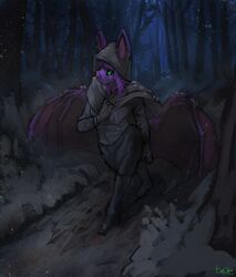  bat clothing cold female frown green_eyes hair hi_res mammal outside purple_body purple_hair purple_skin smile snow solo treats wings winter 