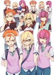  3boys :3 androgynous angry bad_id bad_pixiv_id ball blonde_hair blue_eyes blush bowl chopsticks clipboard drinking eating food green_eyes handheld_game_console hayabusa_hideki inazuma_eleven_(series) inazuma_eleven_go kita_ichiban long_hair looking_at_another looking_at_viewer male_focus montage multiple_boys nintendo_3ds nishinosora_yoichi noodles one_eye_closed open_mouth orange_hair pencil ponytail purple_hair school_uniform short_hair smile soccer_ball suemitsu_dicca sunglasses sushi sweatdrop sweater_vest tears telstar tengawara towel wavy_mouth yellow_eyes 