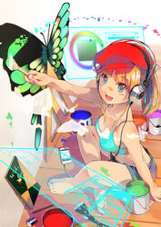  absurdres artist_painter barefoot blonde_hair blue_eyes bug butterfly cellphone commentary_request female foge hat headphones highres holographic_monitor long_hair original paint_can paintbrush painting_(action) phone ponytail shorts sitting sketchbook smartphone smile solo trim_brush 