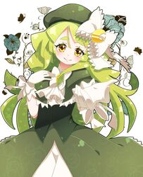  absurdres ascot bow bowtie commentary_request crescent dress female flower gen&#039;ei_wo_kakeru_taiyou gloves green_hair green_hat hairbow hand_on_own_chest hat highres long_hair looking_at_viewer outstretched_arm reaching reaching_towards_viewer revision smile solo tsukuyomi_luna white_ascot white_bow white_bowtie white_gloves yellow_eyes yupiteru 