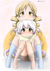  2girls abutomato blonde_hair commentary_request cushion feet hat highres image_sample mahou_shoujo_madoka_magica mahou_shoujo_madoka_magica:_hangyaku_no_monogatari momoe_nagisa multiple_girls pixiv_sample shorts socks tomoe_mami white_hair yellow_eyes 