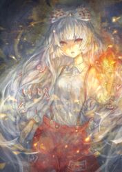  bonnou-s-rice bow commentary_request dress_shirt female fire fujiwara_no_mokou hairbow long_hair painting_(medium) pants red_eyes shirt solo suspenders touhou traditional_media very_long_hair watercolor_(medium) white_hair 