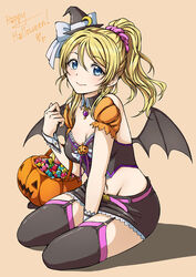  ayase_eli bat_wings between_legs black_thighhighs blonde_hair blue_eyes blush breasts brooch candy cleavage commentary detached_sleeves female food garter_straps halloween hand_between_legs happy_halloween hat heart highres jack-o&#039;-lantern jack-o&#039;-lantern_brooch jewelry long_hair looking_at_viewer love_live! love_live!_school_idol_festival love_live!_school_idol_project medium_breasts midriff mini_hat mini_witch_hat navel pas_(paxiti) ponytail simple_background skirt smile solo thighhighs wings witch_hat wrist_cuffs zettai_ryouiki 