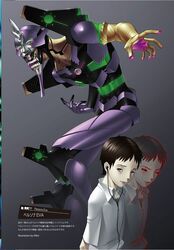  1boy allen_(artist) black_sclera brown_hair cable colored_sclera doppelganger dual_persona earphones eva_01 evil_eyes evil_smile expressionless glowing grey_background ikari_shinji kazuma_kaneko_(style) looking_at_viewer mecha monster neon_genesis_evangelion parody persona rebuild_of_evangelion red_eyes robot shirt short_hair simple_background smile style_parody teeth upper_body white_shirt 